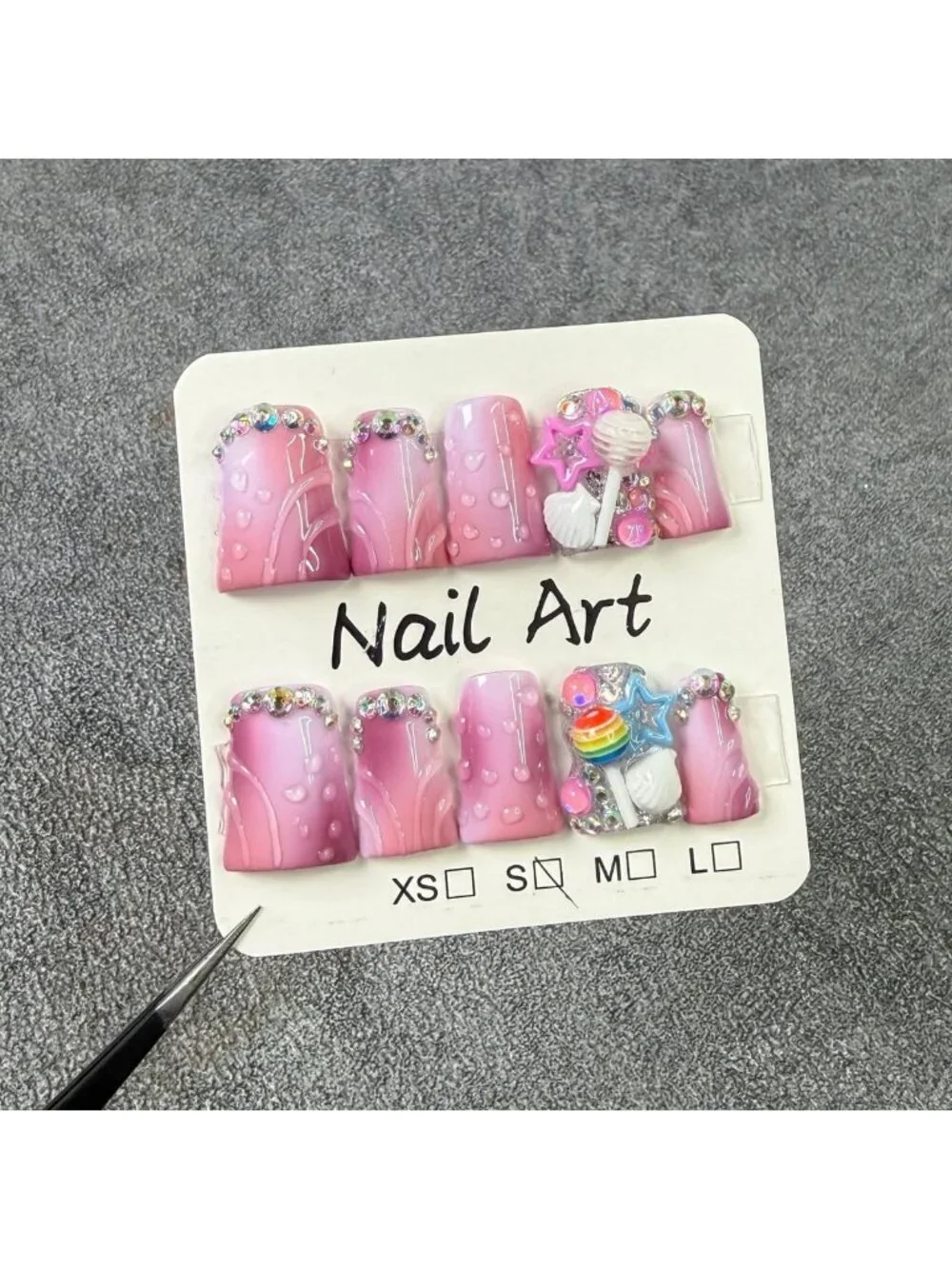 Handmade Short Press-On Nails with 3D Lollipop & Star Designs, Pink White